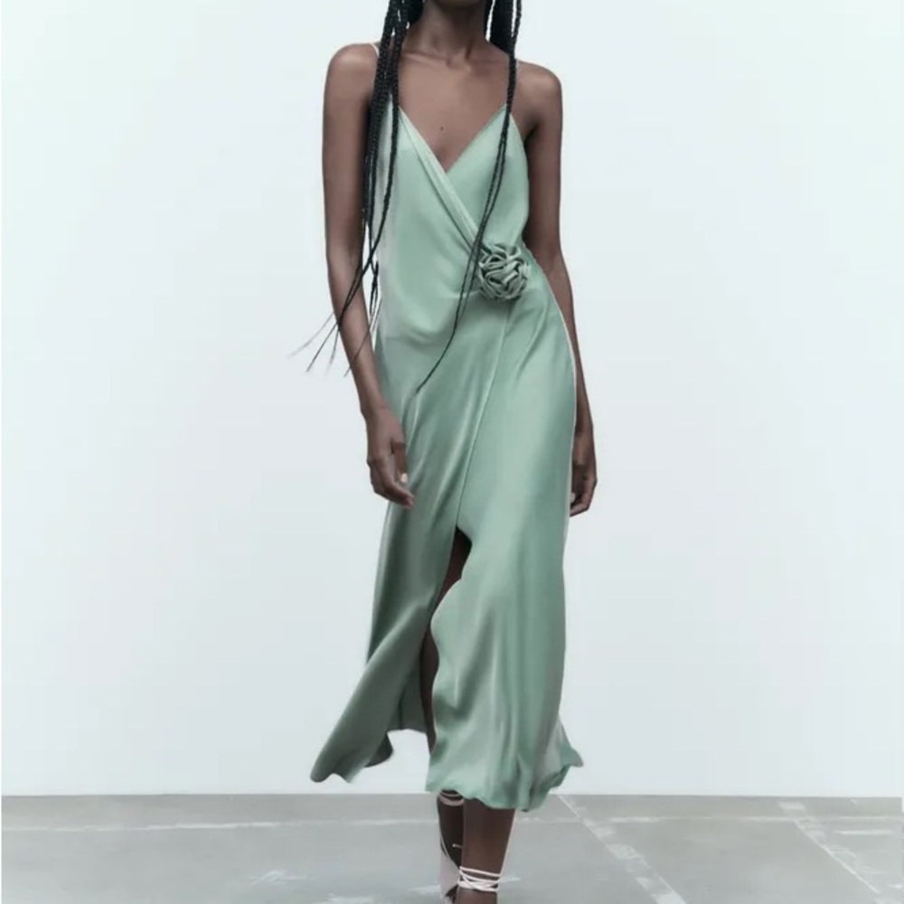 Sea green flower midi spaghetti strap slip dress never worn